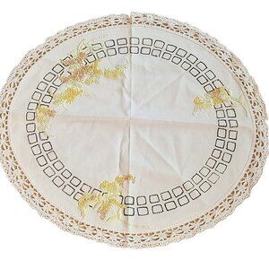Embroidery and linen tabletop table covering, large doiley round